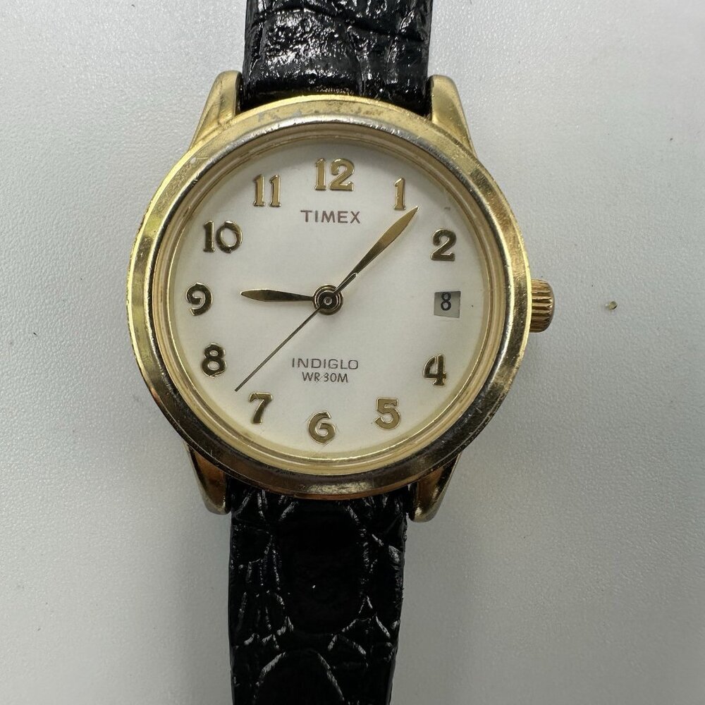3/$30 Timex Watch Women Gold Tone Patent Leather Band New Battery 8.5 Inch